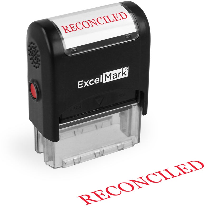 ExcelMark RECONCILED Self Inking Rubber Stamp - Red Ink (A1539) - Image 1
